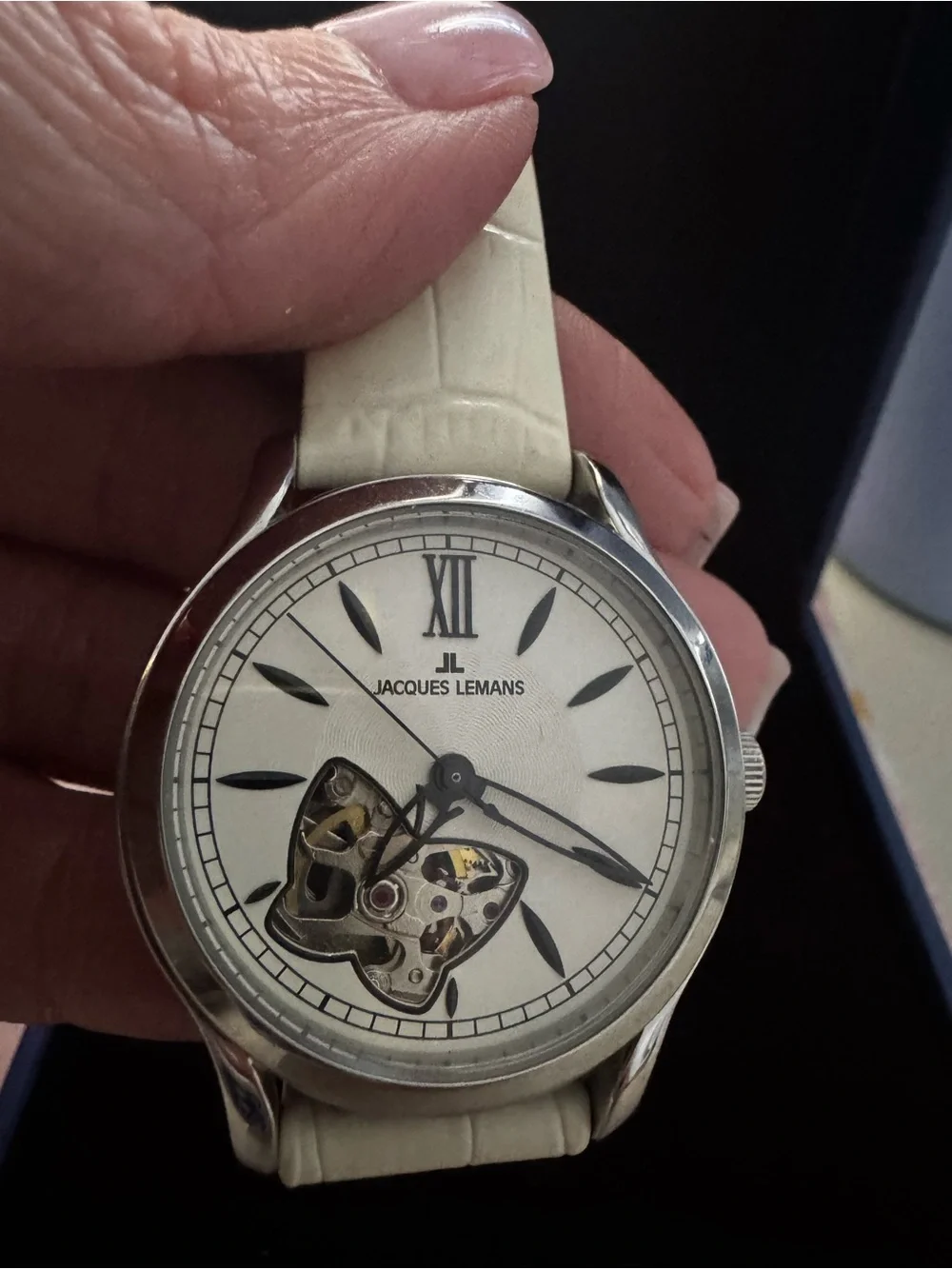 Jacques Lemans White Strap Silver Open-Heart Automatic Watch